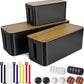 3 Pack Cable Management Box with 18 PCS Cable Management Set - Large & Medium & Small Wooden Grain Cable Organizer Box to Hide Wires & Power Strips | TV Cord Organizer Box | for Home & Office(Black)