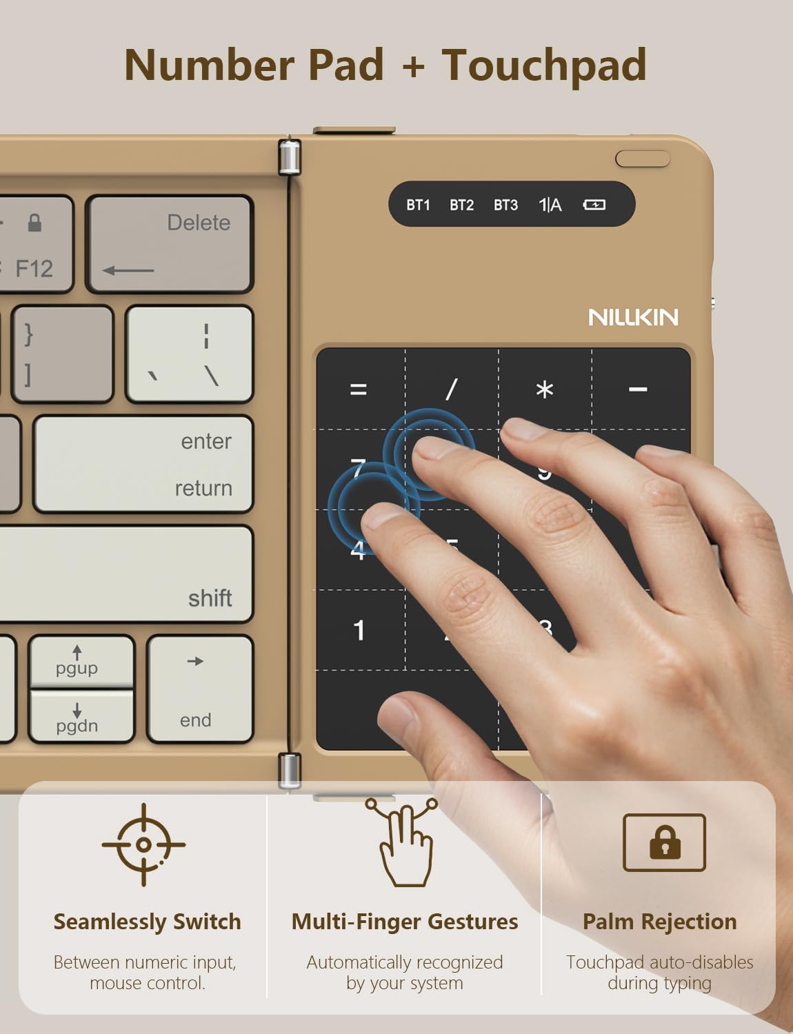 Nillkin Foldable Bluetooth Keyboard with Touchpad & Number Pad, Portable Bluetooth Keyboard with Full Size Keys, Pocket-Sized Wireless Travel Keyboards for iPad, Smartphone, Tablet and Laptop Khaki