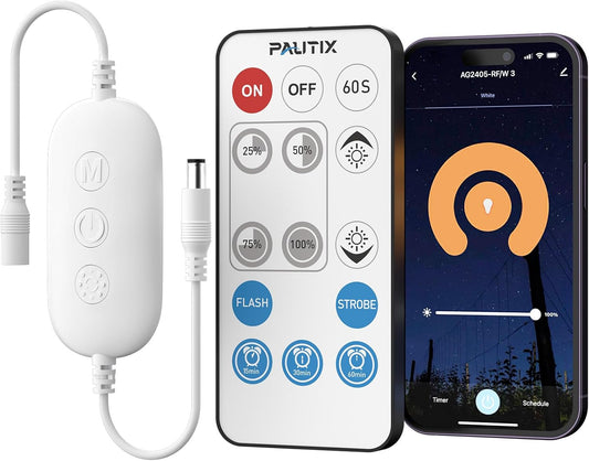 PAUTIX RF WiFi Smart Remote Dimmer for Single Color LED Strip Lights,Compatible with Alexa and Google,14-Key Wireless Remote,DC 12-24V Controller for 3528/2835/5050/COB LED Strip Light