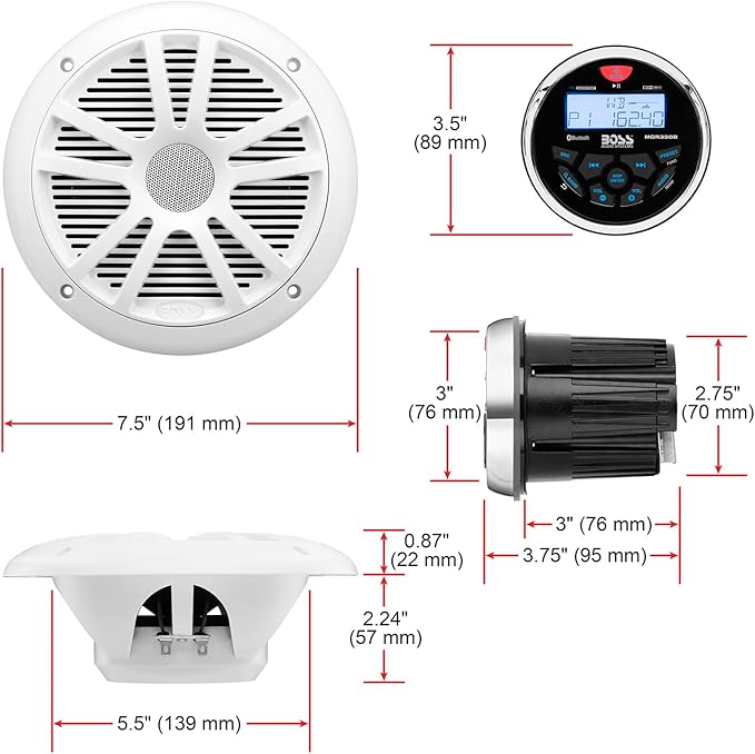BOSS Audio Systems MCKGB350W.6 Weatherproof Marine Gauge Receiver and Speaker Package - IPX6 Receiver, 6.5 Inch Speakers, Bluetooth Audio, USB/MP3, AM/FM, NOAA Weather Band Tuner, no CD Player
