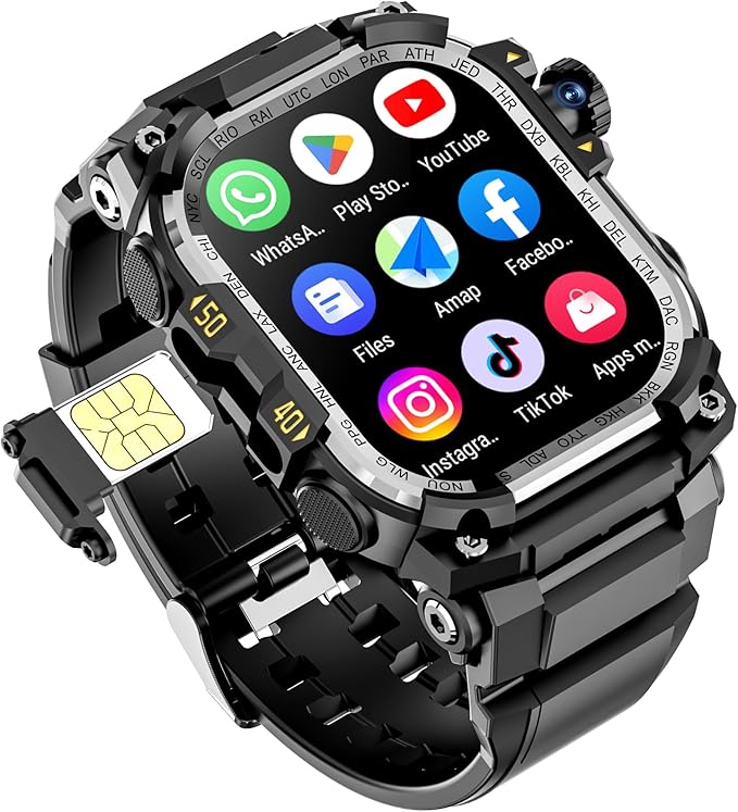 4G SIM Card Android Smartwatch with GPS & WiFi, Military Outdoor Watch for Men, App Downloadable, 2.06" AMOLED Large Screen for Video Chat, HD 180° Rotatable Camera, Health Activity Tracker (Black)