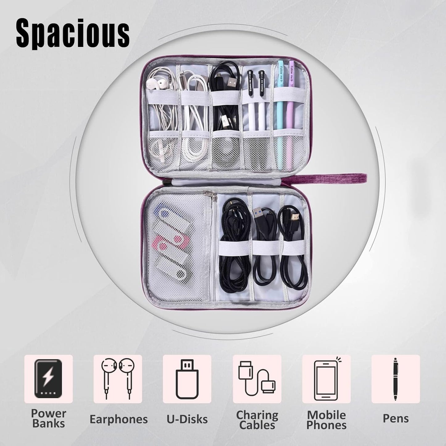 CILLA Travel Cord Organizer Case, Portable Waterproof Storage Bag for Charger, Cord, USB, Power Bank, Earphone, SD Card, Travel Essentials