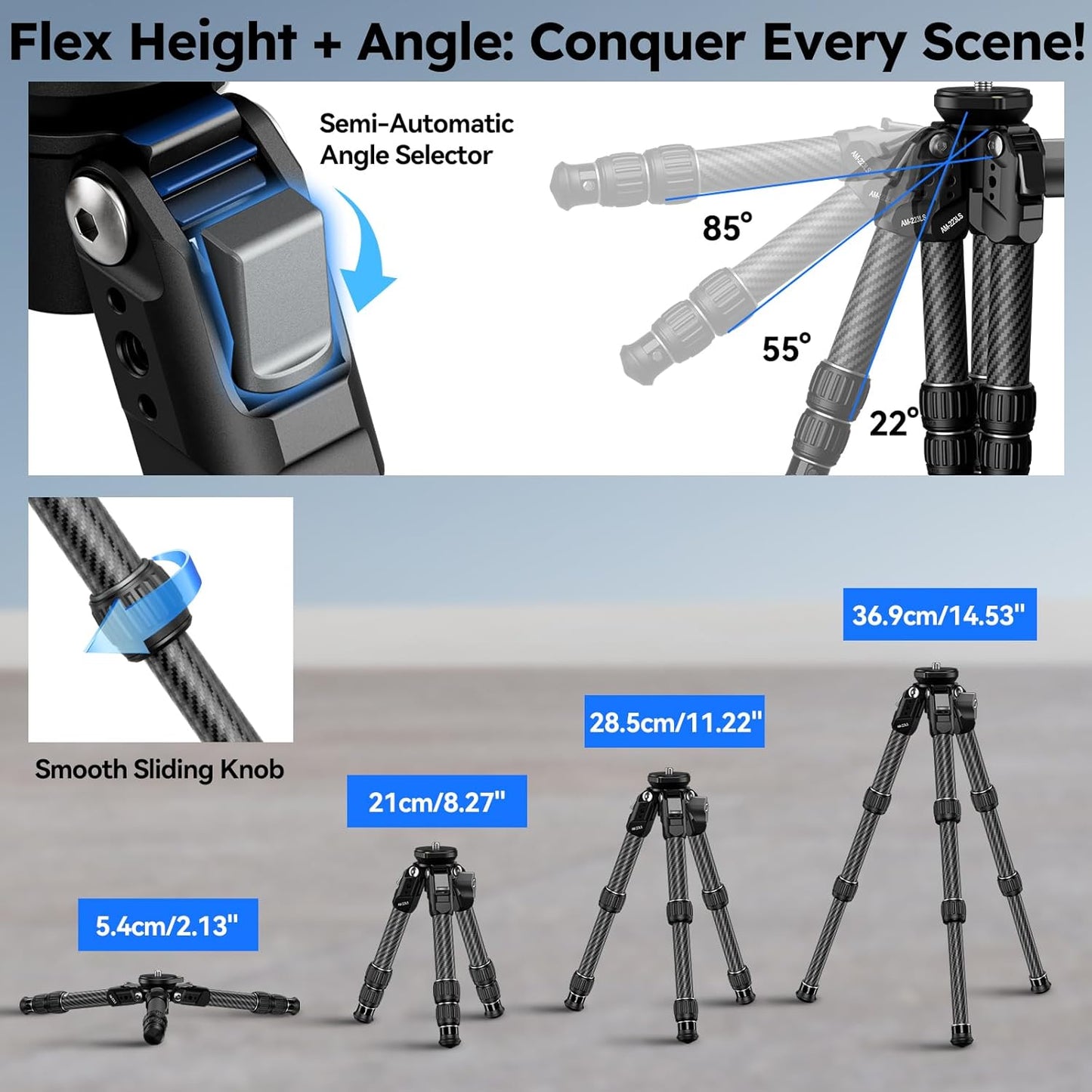 SIRUI Carbon Fiber Mini Tripod with Bowl Base, 33lbs Max Load, Ultra-Lightweight 1.63lbs, 8.82in Folded, 360° Panorama & ±15° Tilt for Camera/Phone/Vlogging（AM-223LS）
