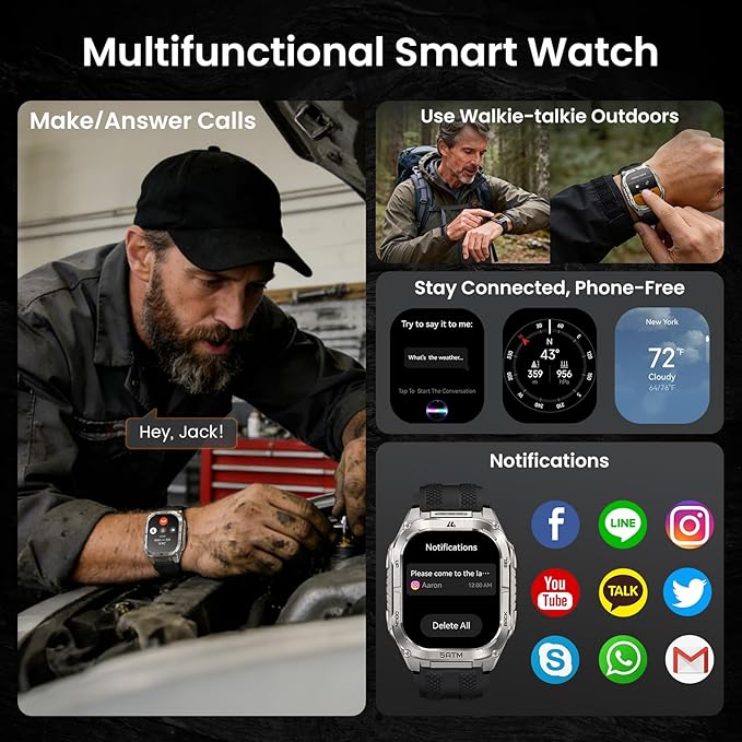 KOSPET Tank M4C Outdoor Smart Watch with GPS, 1.96" AMOLED Display, Built-in LED Flashlight & Walkie-Talkie, Long Battery Life, 5ATM Waterproof, Bluetooth Calls, 24/7 Heart Rate/Sleep Monitor