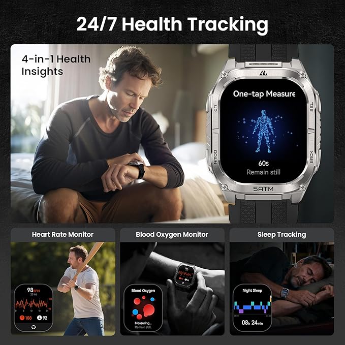 KOSPET Tank M4C Outdoor Smart Watch with GPS, 1.96" AMOLED Display, Built-in LED Flashlight & Walkie-Talkie, Long Battery Life, 5ATM Waterproof, Bluetooth Calls, 24/7 Heart Rate/Sleep Monitor