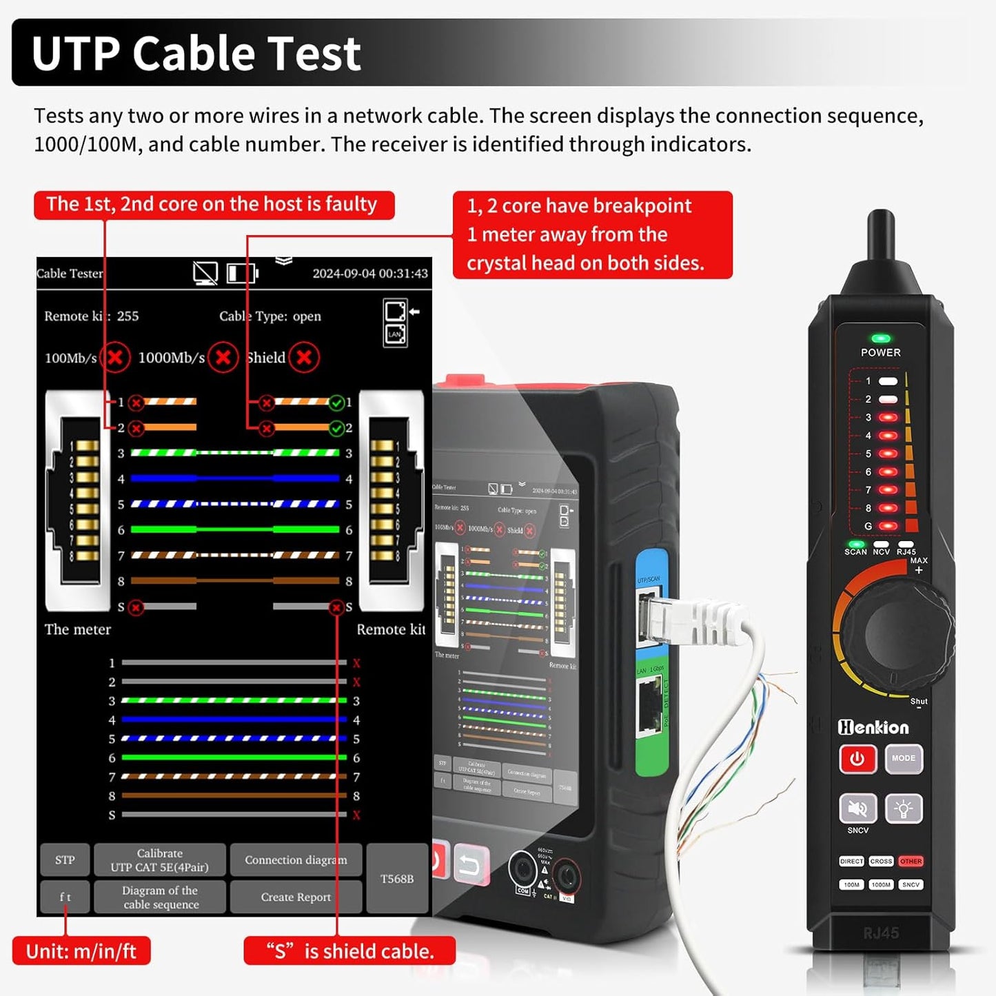 Multifunction RJ45 Network Caber Tester,Full Features UTP Cable Tester Cable Tracer,4" IPS Touch Screen Support TDR,DMM, VFL,OPM, POE++ Detect,Level Meter,Network Tools,RJ45 TDR, Cable Length,NCV