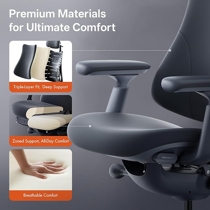 LiberNovo Dynamic Ergonomic Desk Chair + StepSync Footrest Bundle - Comfy Home Office Chair with Adaptive Lumbar Support, 160° Recline & Built-in Spine Stretch, Black+45cm