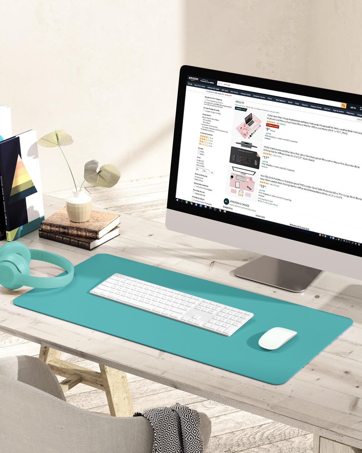 YSAGi Non-Slip Leather Desk Pad, Waterproof Laptop Computer Desk Keyboard Mat, Table Protector Blotter Mat, Large Mouse Pad for Office/Work/Home/Decor(Green Blue, 31.5" x 15.7")