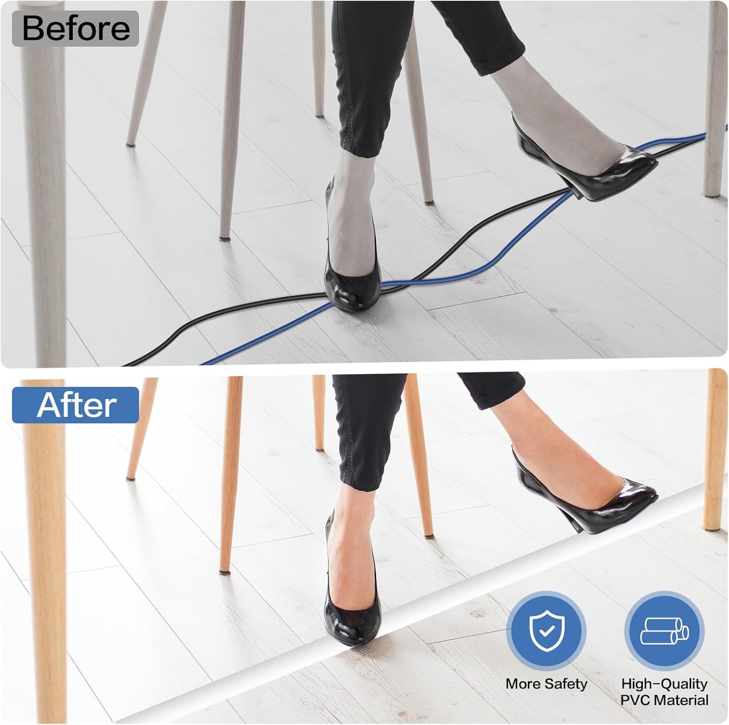 Floor Cord Cover Self Adhesive Cord Hider Floor Extension Cord Covers for Floor Power Cord Protector Cable Management Prevent Cable Trips Cable Cavity 0.51" W x 0.31" H (White, 3.3Ft)
