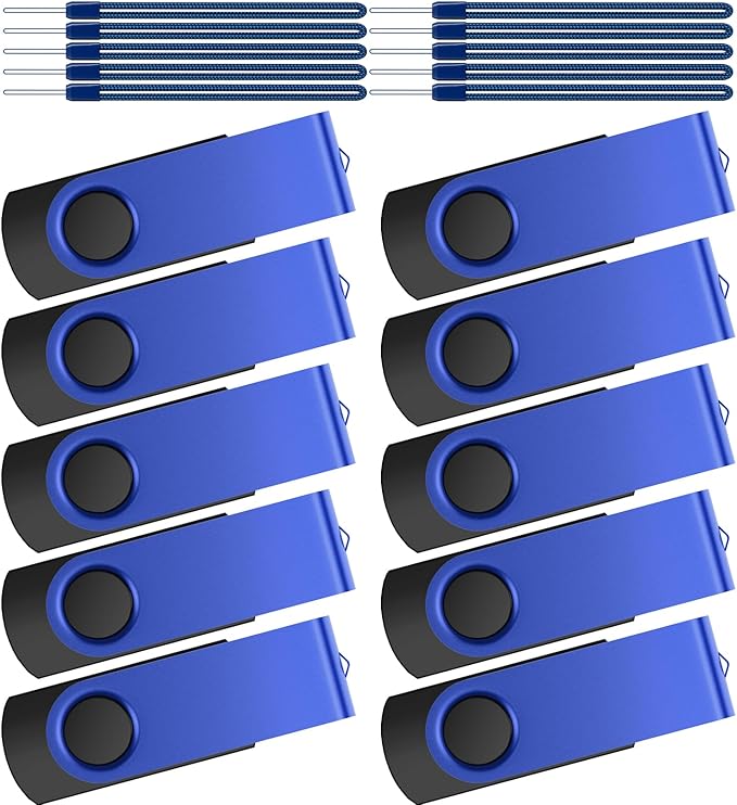 Kepmem Metal Thumb Drive Swivel USB 2.0 Memory Stick Blue Jump Drive Portable 64GB Pack of 10 with Lanyards