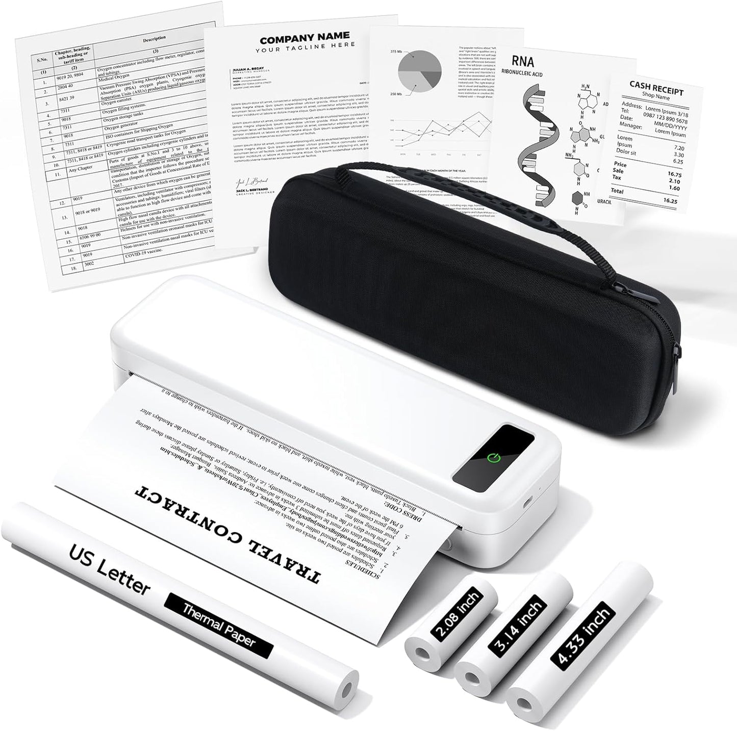 Inkless Portable Printer for Travel, Wireless Thermal Printer for Phone Laptop, Support 8.5" X 11" US Letter & A4 Size, Small Bluetooth Mobile Printers with Carry Case and 4 Rolls of Thermal Paper Kit