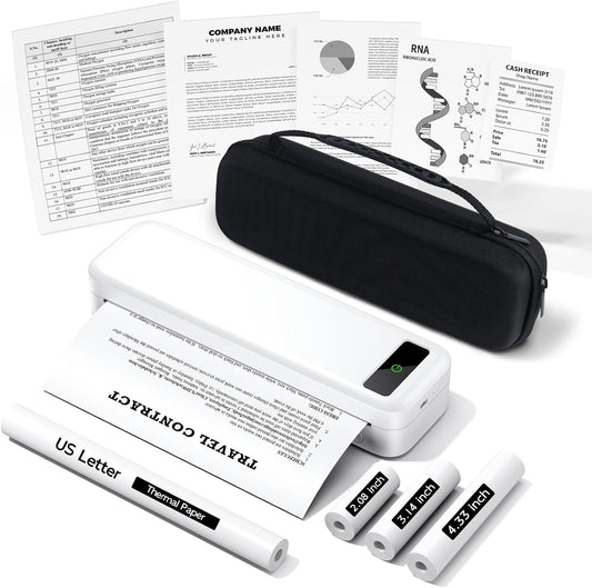 Inkless Portable Printer for Travel, Wireless Thermal Printer for Phone Laptop, Support 8.5" X 11" US Letter & A4 Size, Small Bluetooth Mobile Printers with Carry Case and 4 Rolls of Thermal Paper Kit