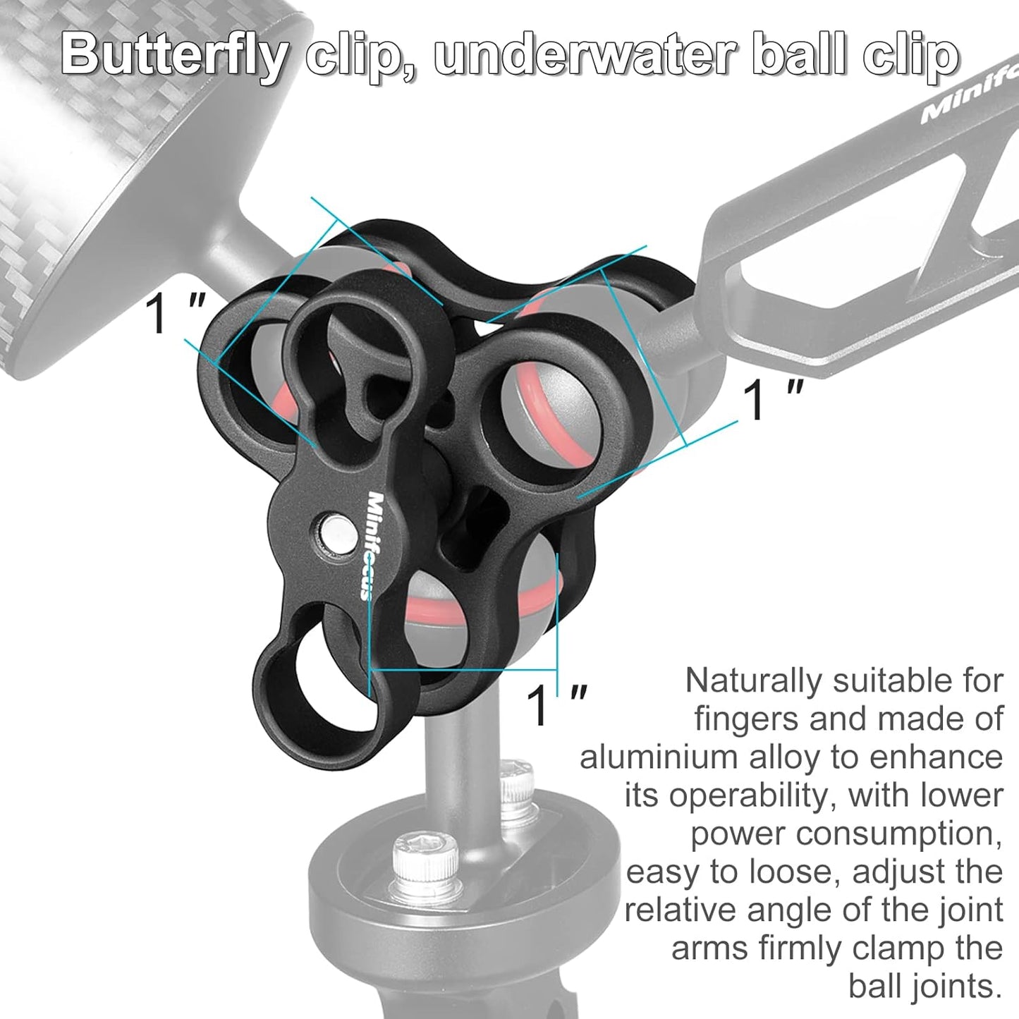 MINIFOCUS 2PCS 1'' Aluminum Triple Holes Ball Clamp Mount for Underwater Diving Light Arms Tray System, Photography Diving Camera, 360° Clip for GoPro Action Camera Flashlight Arms System