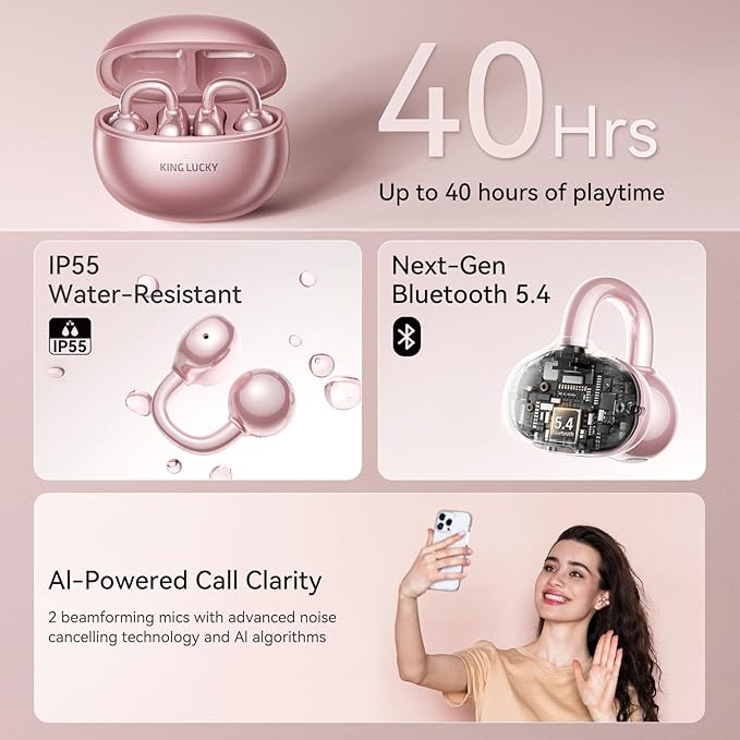 Kinglucky Jewelry-Inspired Clip-On Earbuds with Diamond Earrings, Comfortable Fit & 40H Playtime Open Ear Bluetooth 5.4 Wireless Headphones for Women, Small Ears, Sports & Glasses Rose Gold