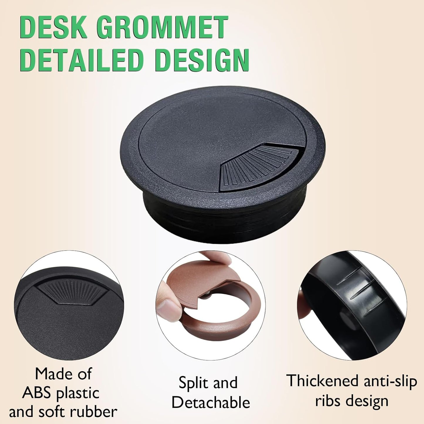 2 Pcs Desk Grommet 2-3/8" / 60 mm, Desk Cord Hole Cover, Cable Grommet ABS Plastic, Desk Hole Grommet for Home & Office Pc, Detachable Adjustable Cable Cord Organizer-Reddish Brown