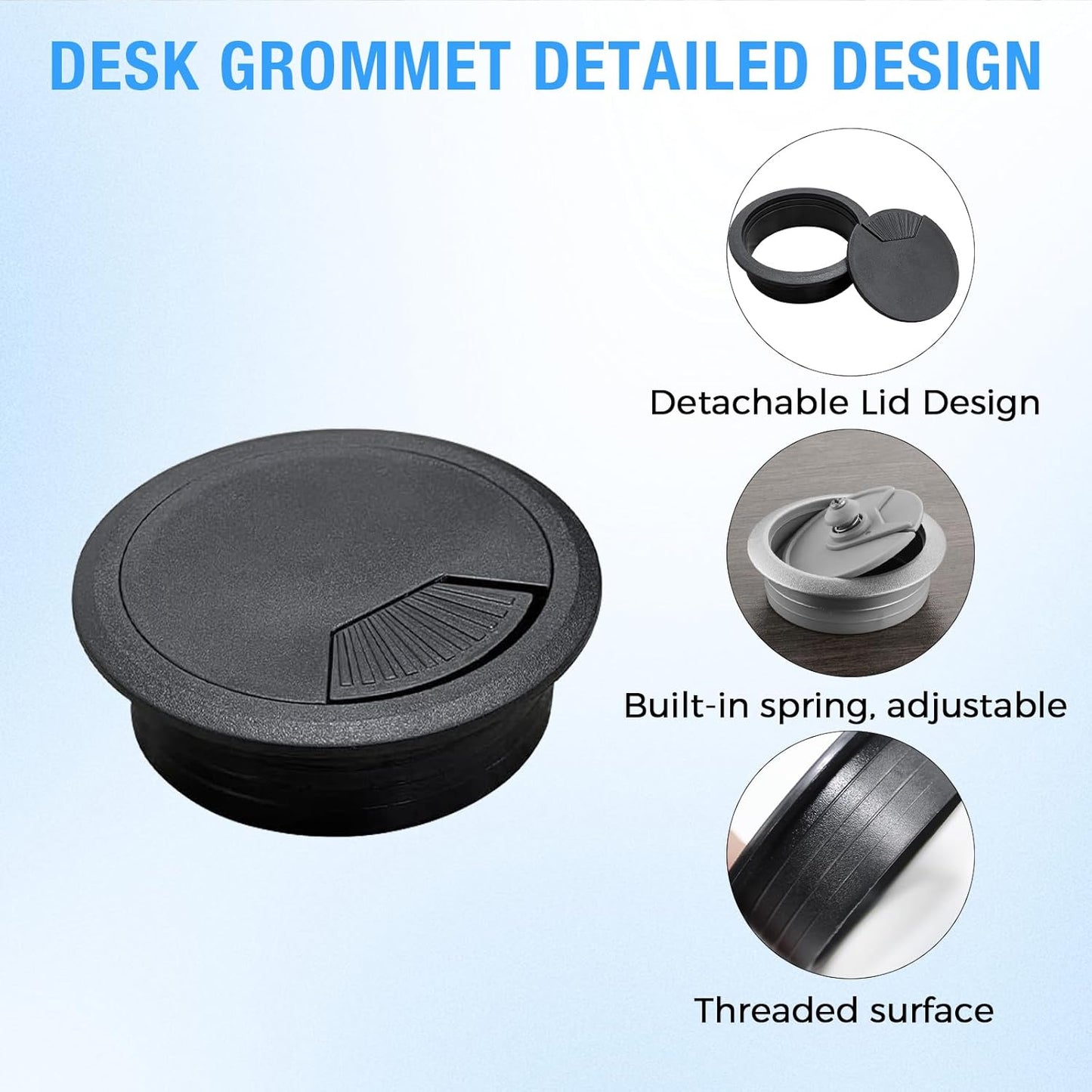 Desk Grommet 2-1/16" (53 mm), Desk Cord Hole Cover, Cable Grommet ABS Plastic, Desk Hole Grommet for Office and Home Table Cable, Detachable Adjustable Cable Cord Organizer (Black 2 Pcs)