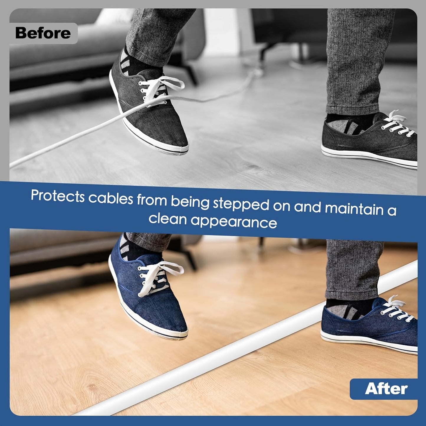 Floor Cord Cover for Wires on Floor Self Adhesive Cord Hider Floor Cable Management Wire Covers for Cords Protector Prevent Cable Trips Cord Cavity W 0.51" x H 0.31", White, 10Ft