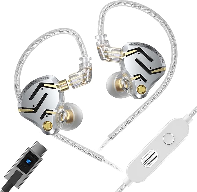 KZ ZS12 PRO 2 USB C Wired Headphones Type-C in Ear Monitor Headphone, 5BA+1DD 6 Driver Gaming Earbuds USB C Wired Earphones, HiFi Clarity Sound Immersive Bass IEMs for Gaming (USBC-with Mic, Silver)