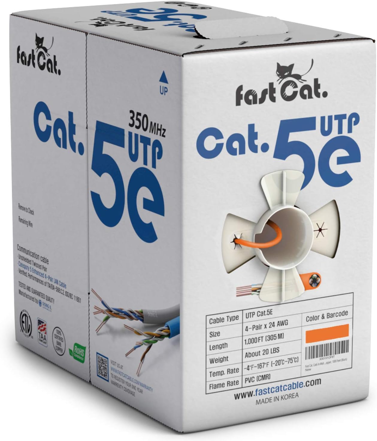 fast Cat. Cat5e Ethernet Cable 1000ft - 24 AWG, CMR, Insulated Bare Copper Wire Cat 5 ethernet Cable with FastReel - 350MHZ / Gigabit Speed UTP Cable Cat5e - CMR (Orange)
