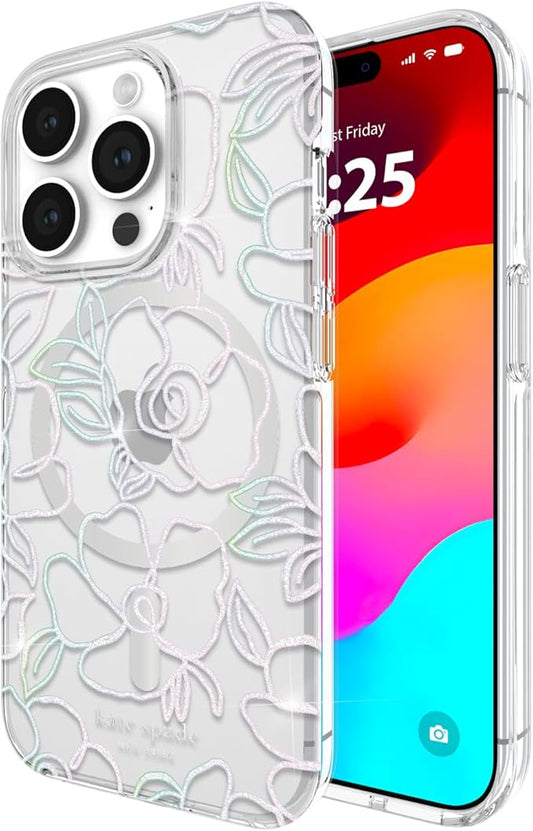 kate spade new york iPhone 15 Pro Case, Compatible with MagSafe - Modern Floral Silver