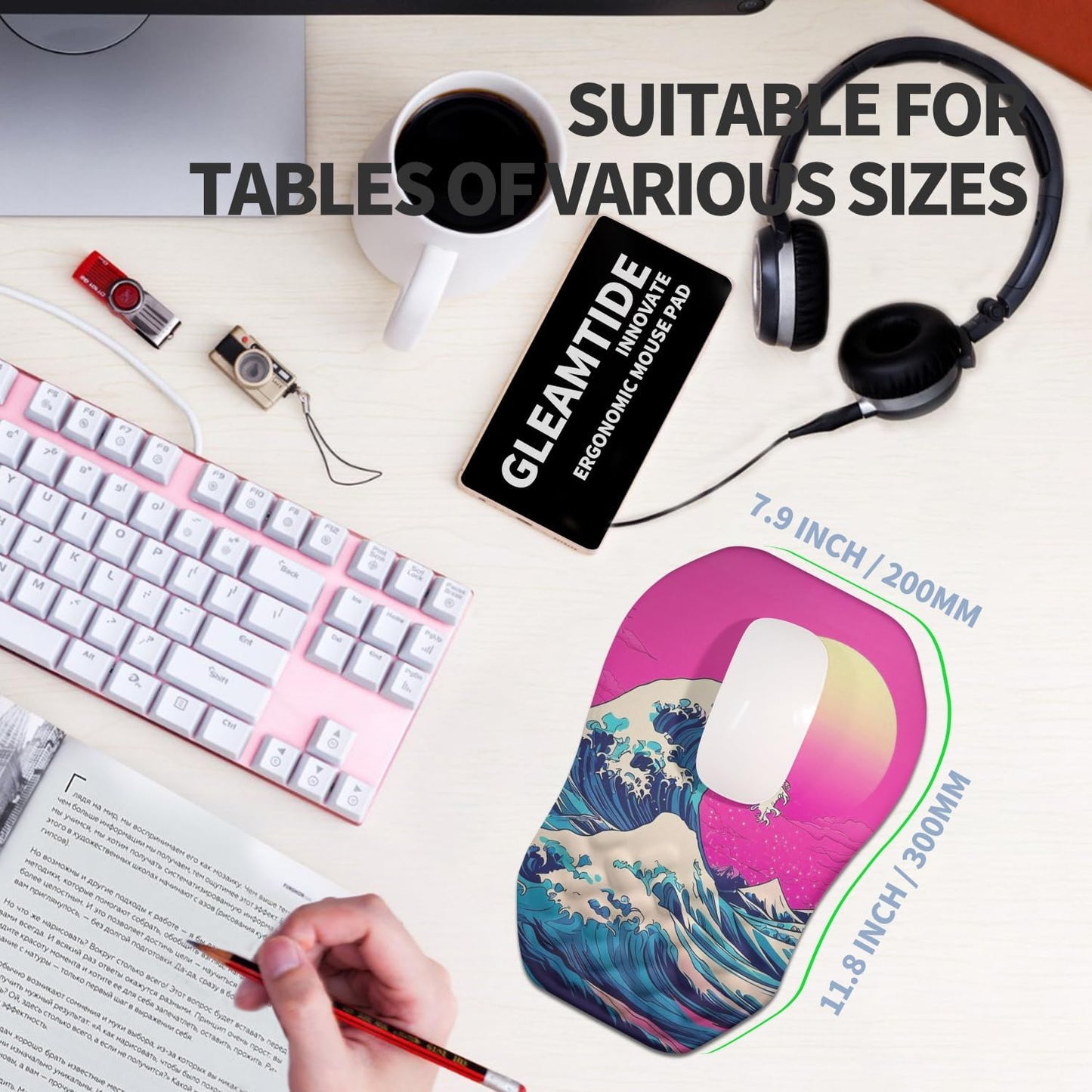 Ergonomic Raised Mouse Pad Wrist Support with Bilateral Slope Memory Foam Mousepad for Wrist Rest and Carpal Tunnel Pain Relief 11.8x7.9〃Twilight Waves