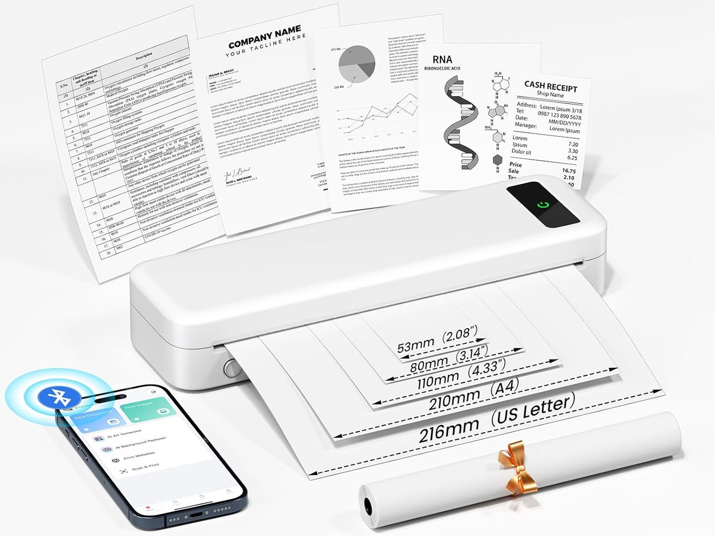 Portable Thermal Printer, Bluetooth Portable Printers Wireless for Travel Home, Small Inkless Mobile Mini Printer for Phone Laptop, Support 8.5'' x 11'' US Letter,A4,4.33'',3.14'',2.08'' Thermal Paper