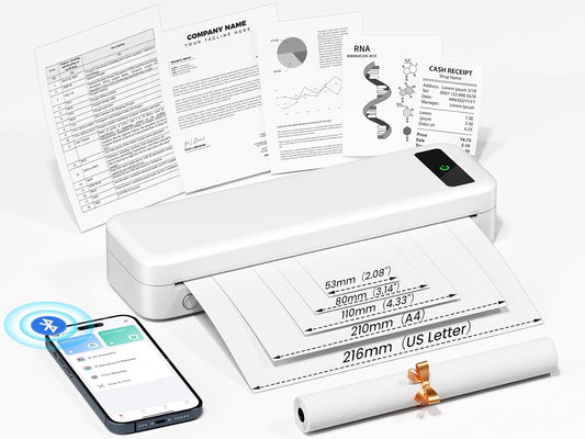 Portable Thermal Printer, Bluetooth Portable Printers Wireless for Travel Home, Small Inkless Mobile Mini Printer for Phone Laptop, Support 8.5'' x 11'' US Letter,A4,4.33'',3.14'',2.08'' Thermal Paper