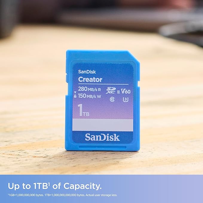 SANDISK 1TB Creator SD UHS-II Card, Read speeds up to 280MB/s, for DSLR and Mirrorless Cameras, 4K UHD, 6K Video, V60, 1 Month of Adobe Creative Cloud Included - SDSDXEP-1T00-GNCIS