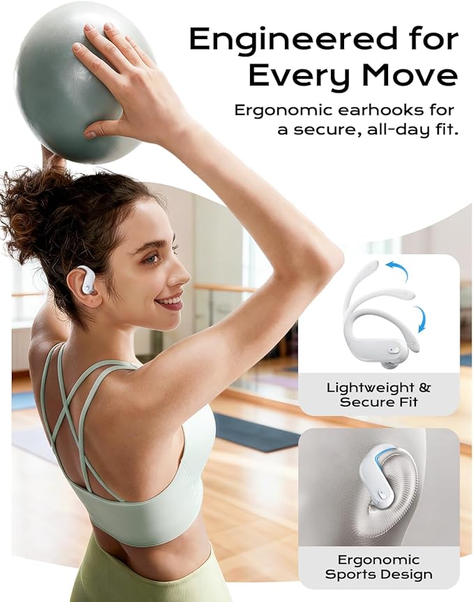 Bluetooth Earbuds with Ear Hooks, Wireless Sport Headphones with LED Display Charging Case, HiFi Stereo, Noise Cancelling, IPX7 Waterproof, in-Ear Workout Earphones with Mic-Pearly