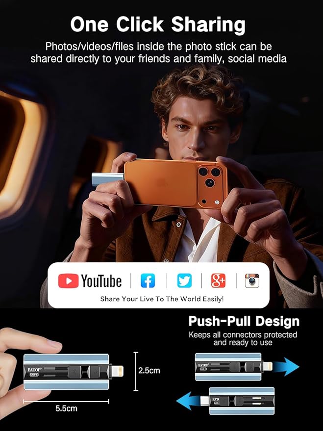 256GB Dual Interface Flash Drive, No App Required, Portable USB Storage Memory Stick for iPhone, iPad, Android, PC & Mac – Easily Stores Photos, Videos & Files (Mist Blue)