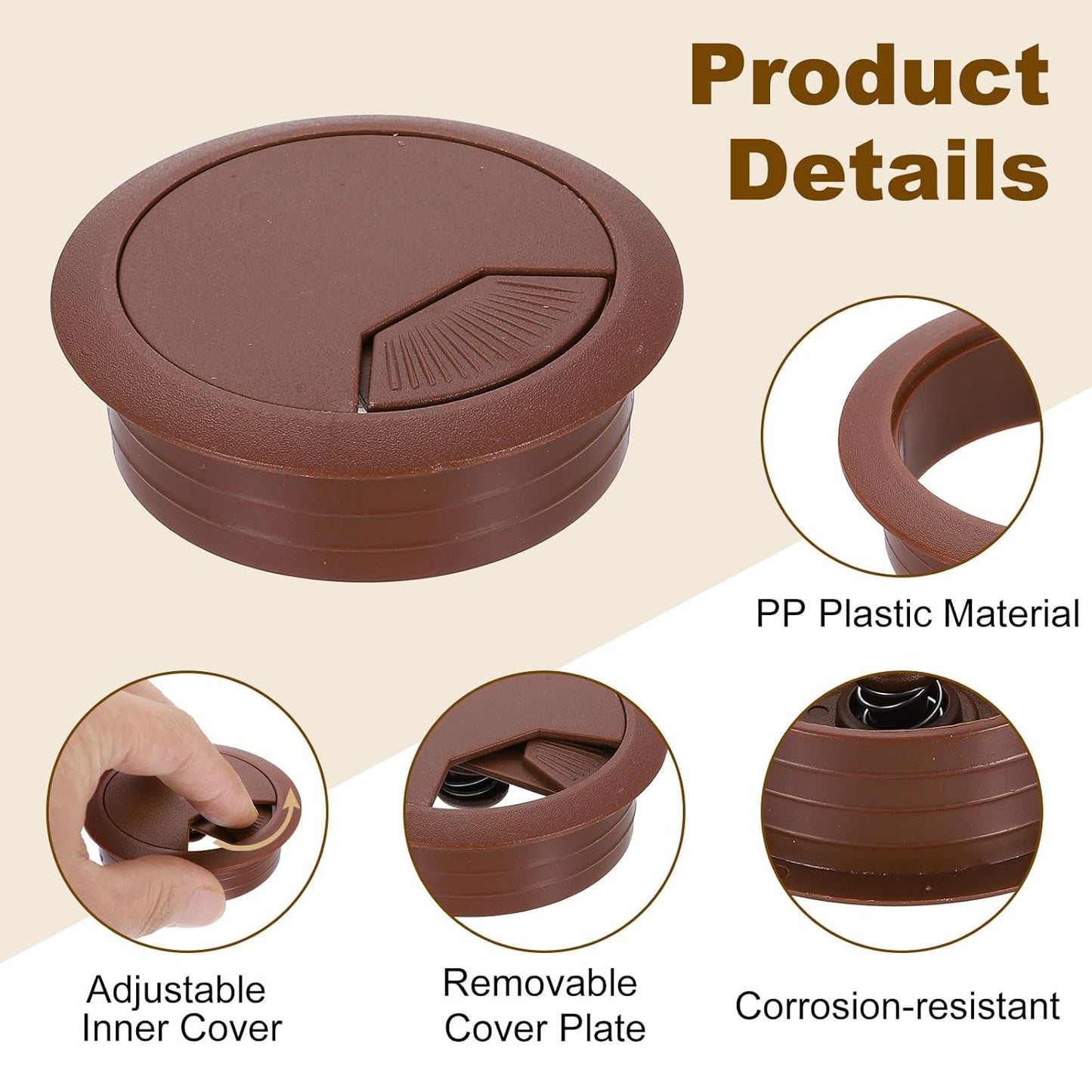 uxcell 8 Pcs 50mm (1.97 Inch) Desk Grommet, Plastic Cable Hole Cover, Wire Cord Cable Organizer for Home Office Computer Desk Cabinet, Brown
