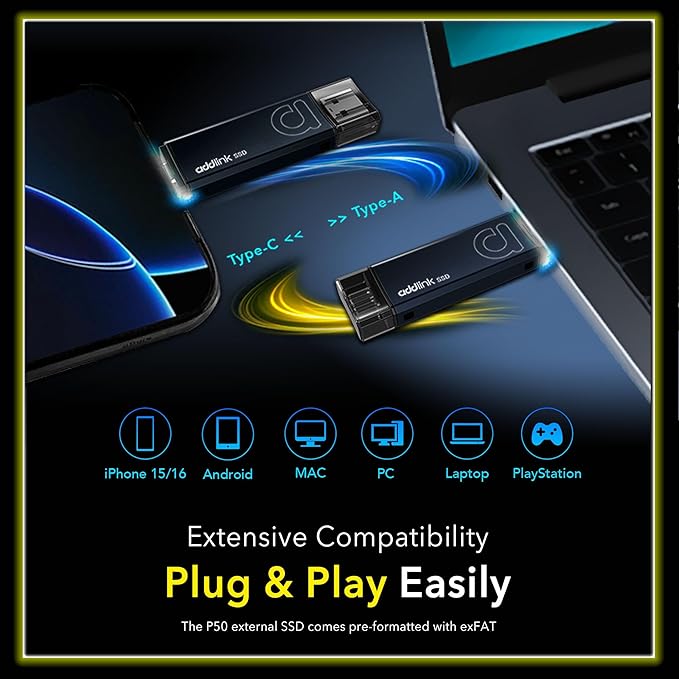 Addlink P50 1TB Mini Portable SSD Stick 1050MB/s USB 3.2 Gen 2 Dual Type-C & Type-A Thumb Drive External Solid State Drive for iPhone 16/15 Pro Max ProRes,Steam Deck, PS5, Teslacar (Metal)