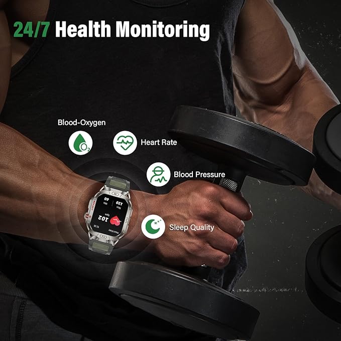 Military Smart Watch for Men, 2.02" Outdoor Sport Smartwatch with Flashlight, Heart Rate Blood Oxygen Blood Pressure Sleep, 100+ Sport Modes Fitness Tracker Compatible Android and iOS Green