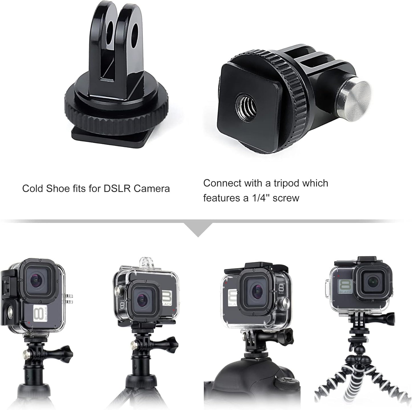 Waterproof Housing Case for GoPro Hero 8 Black - 60M(196ft) Protective Underwater Diving Shell Mount with 2 Cold Shoe Adapters Bracket Accessories Action Camera