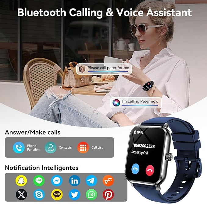 Smart Watches for Men Women, 1.83" HD Touchsreen, Bluetooth Calling, 5 ATM Water-Resistance, 130+ Sports Modes, Health, Fitness & Sleep Tracker, Timer, Pedometer, Fitness Watch for Android/iOS, Blue