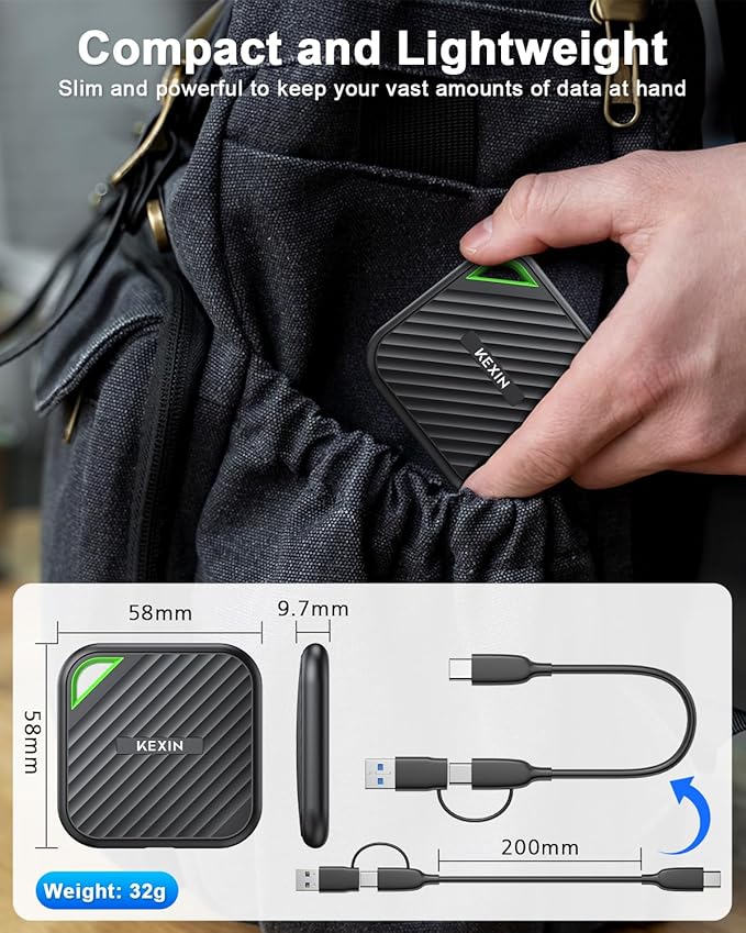 KEXIN External SSD 512G USB C Portable SSD Up to 2000MB/s External Solid State Drive USB 3.2 Gen 2x2 Type-C Portable Solid State Drive for PC Mac Game Console