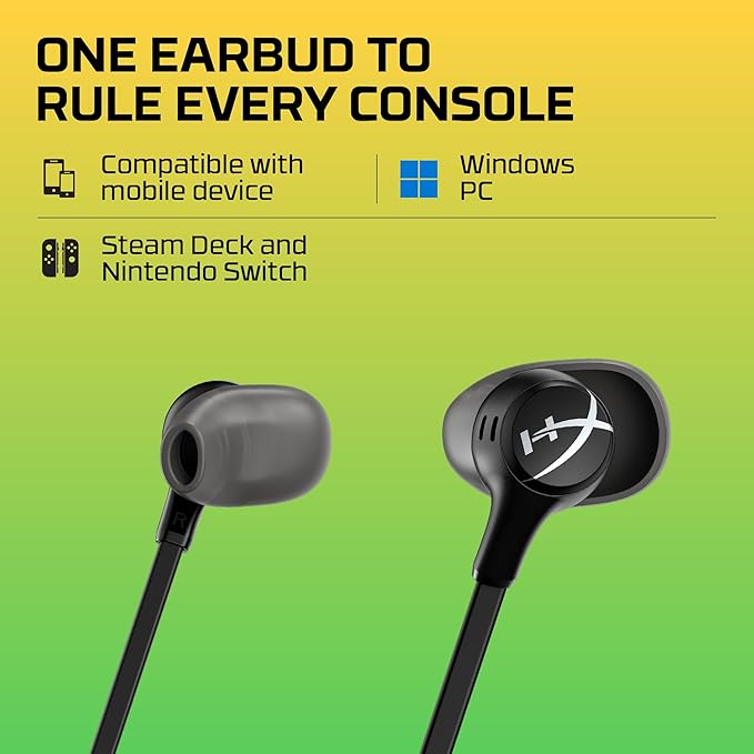 HyperX Cloud Earbuds II – 14mm Drivers, Four Eartips, Hard-Shell Carrying Case, Low-Profile 90° Plug, 3.5mm Plug, Built-in Microphone, Multi-Function Button, PC, Mobile, Nintendo Switch – Black