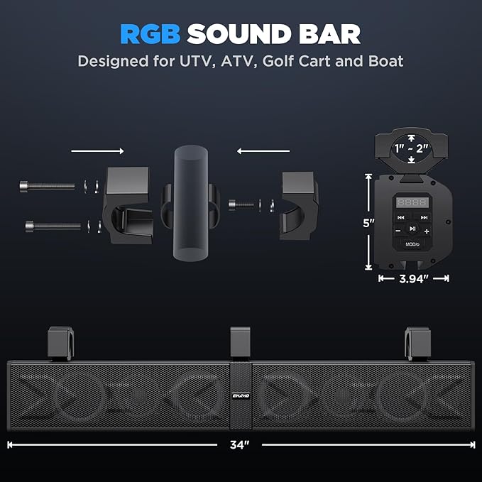 Ehaho 34" UTV Sound Bar with Subwoofer, 8-Speaker SXS SoundBar with Bluetooth and RGB Lighting, IP66 Waterproof ATV & Golf Cart Speakers, Compatible with Polaris RZR Can-Am, Fits 1"–2" Roll Cages