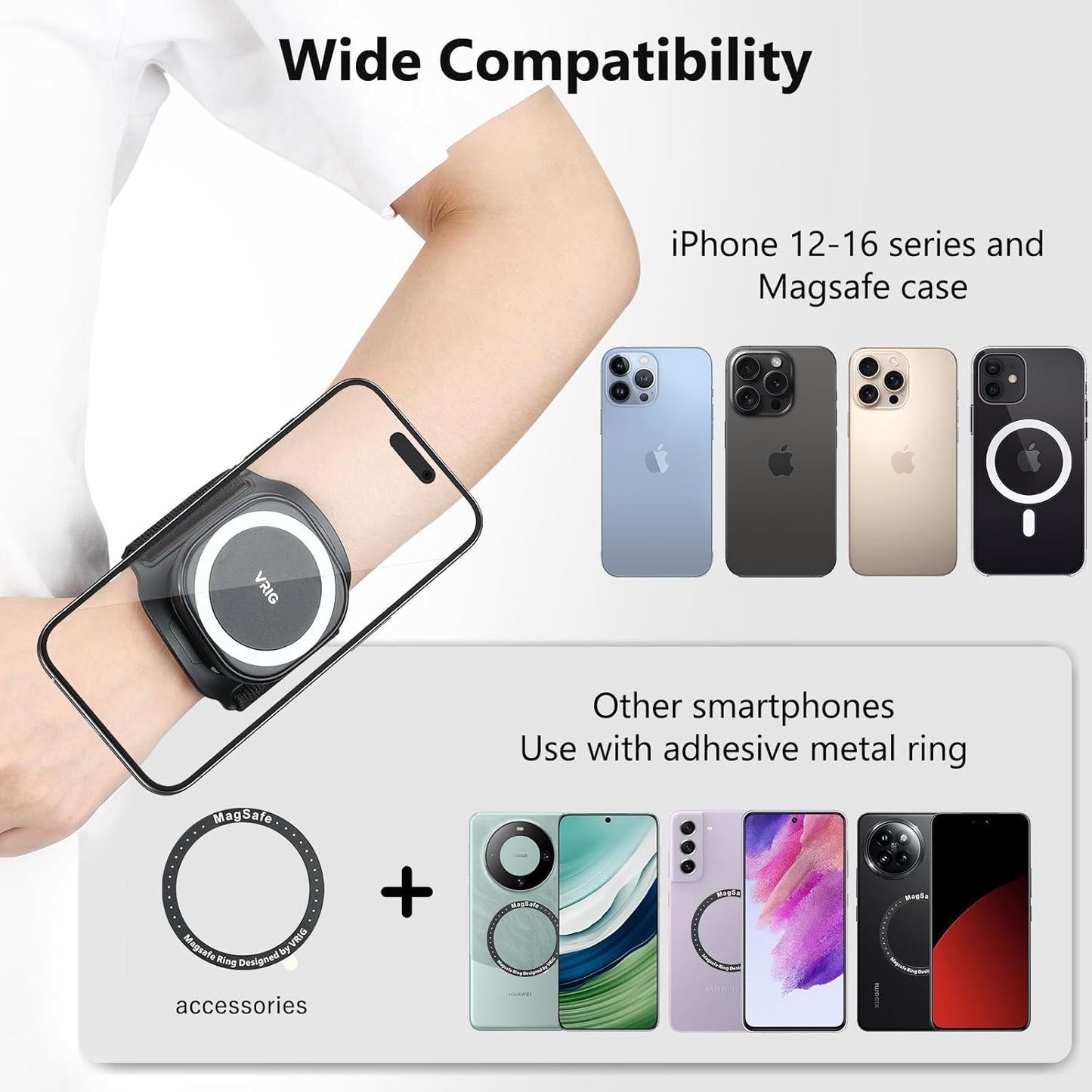 VRIG 360 Rotatable Magnetic Wristband Phone Holder, Armband Cell Phone Holder, Magnetic Phone Holder, Compatible with magsafe iPhone 16 15 14 13 12 Pro Max Plus Mini