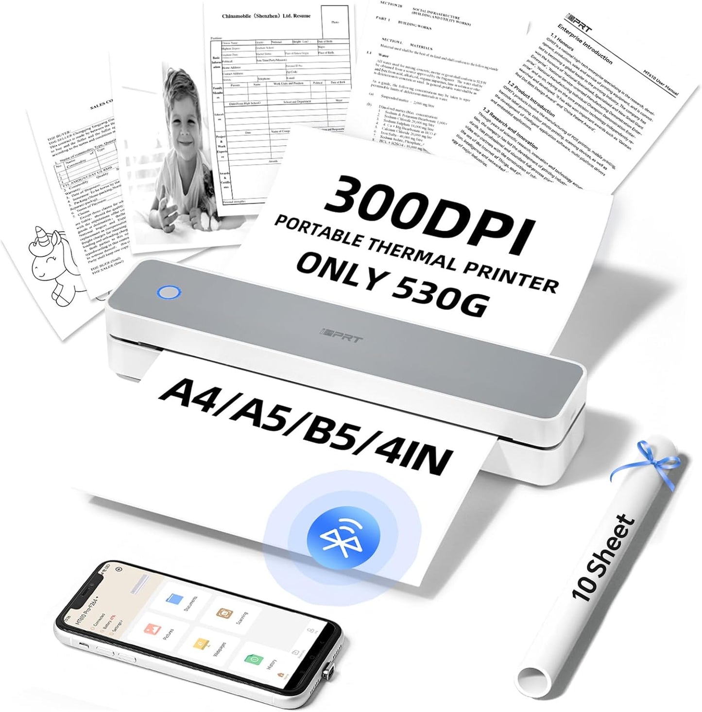 iDPRT MT610 Pro Portable Thermal Printer, 300DPI HD Mobile-Travel-Printers, Inkless-Wireless-Small-Printer for Home Use, Office, Vehicles, Bluetooth Printers Supports 8.5" x 11" US Letter&A4&A5 Size