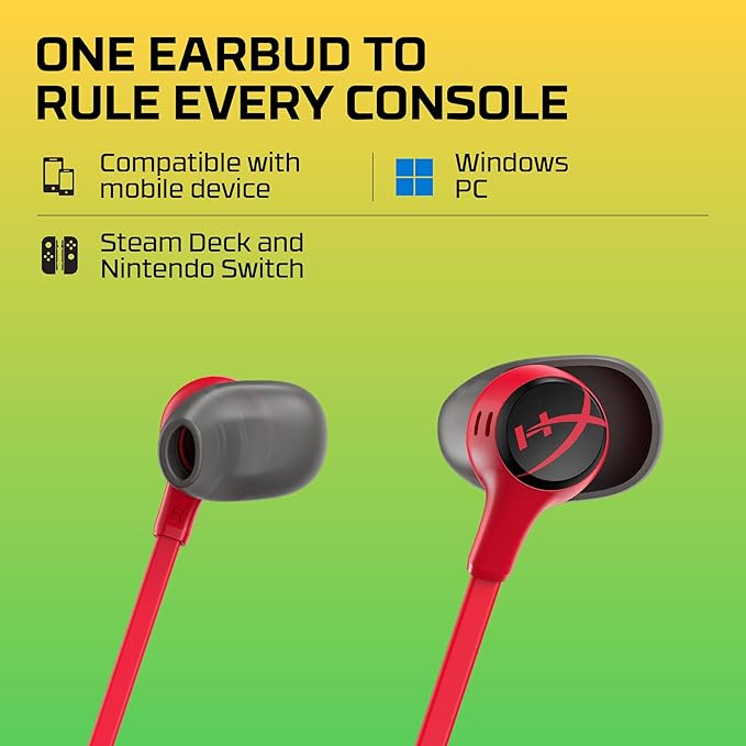 HyperX Cloud Earbuds II – 14mm Drivers, Four Eartips, Hard-Shell Carrying Case, Low-Profile 90° Plug, 3.5mm Plug, Built-in Microphone, Multi-Function Button, PC, Mobile, Nintendo Switch – Red