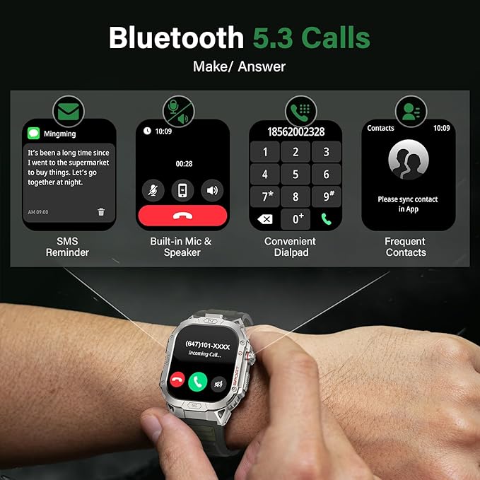 Military Smart Watch for Men, 2.02" Outdoor Sport Smartwatch with Flashlight, Heart Rate Blood Oxygen Blood Pressure Sleep, 100+ Sport Modes Fitness Tracker Compatible Android and iOS Green