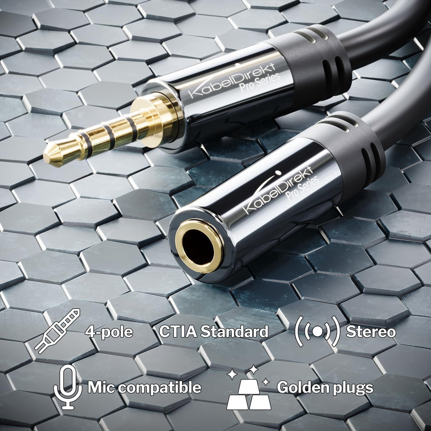 KabelDirekt – Headset Extension Cable – 25ft – Headphone Extension Cord with Break-Proof Metal Plug for Gaming Headsets & Headphones with Microphone, TRRS, 4-Pole, 3.5mm Male to Female