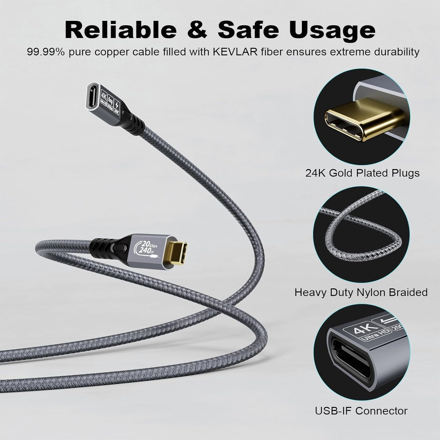 CABLEDECONN Type C Cable 3ft 1m, 240W 48V/5A USBC to USB C 3.2 Gen2×2 Extension Cable, 20Gps Male Female Extender Cable, 4K@60Hz Dual C Video Cord Compatible with MacBook Pro