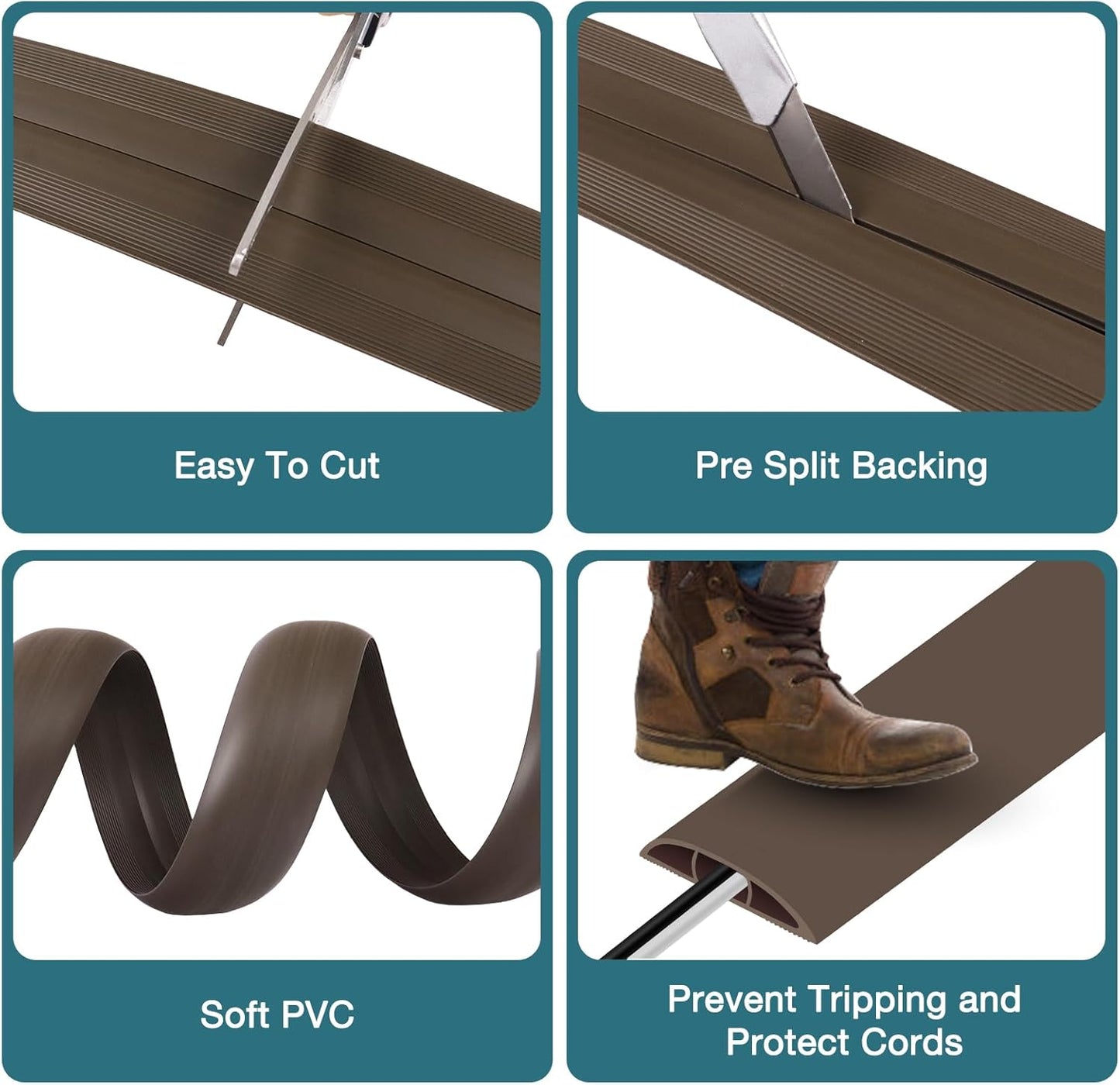 Floor Cord Cover, Cable Protector, 0.63W x 0.31H inches, Wire Cover for Extension Cords, Floor Cable Covers Prevent Cable Trips (Brown, 50-3 Feet)