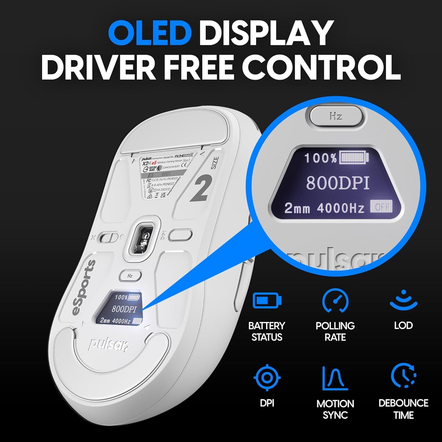 Pulsar Gaming Gears - X2H ES Wireless Gaming Mouse, Limited Edition, Symmetrical, Optical Switch, OLED Display, Driverless, PAW3395 Sensor, 100H Battery, 4K dongle Included (Medium, White)