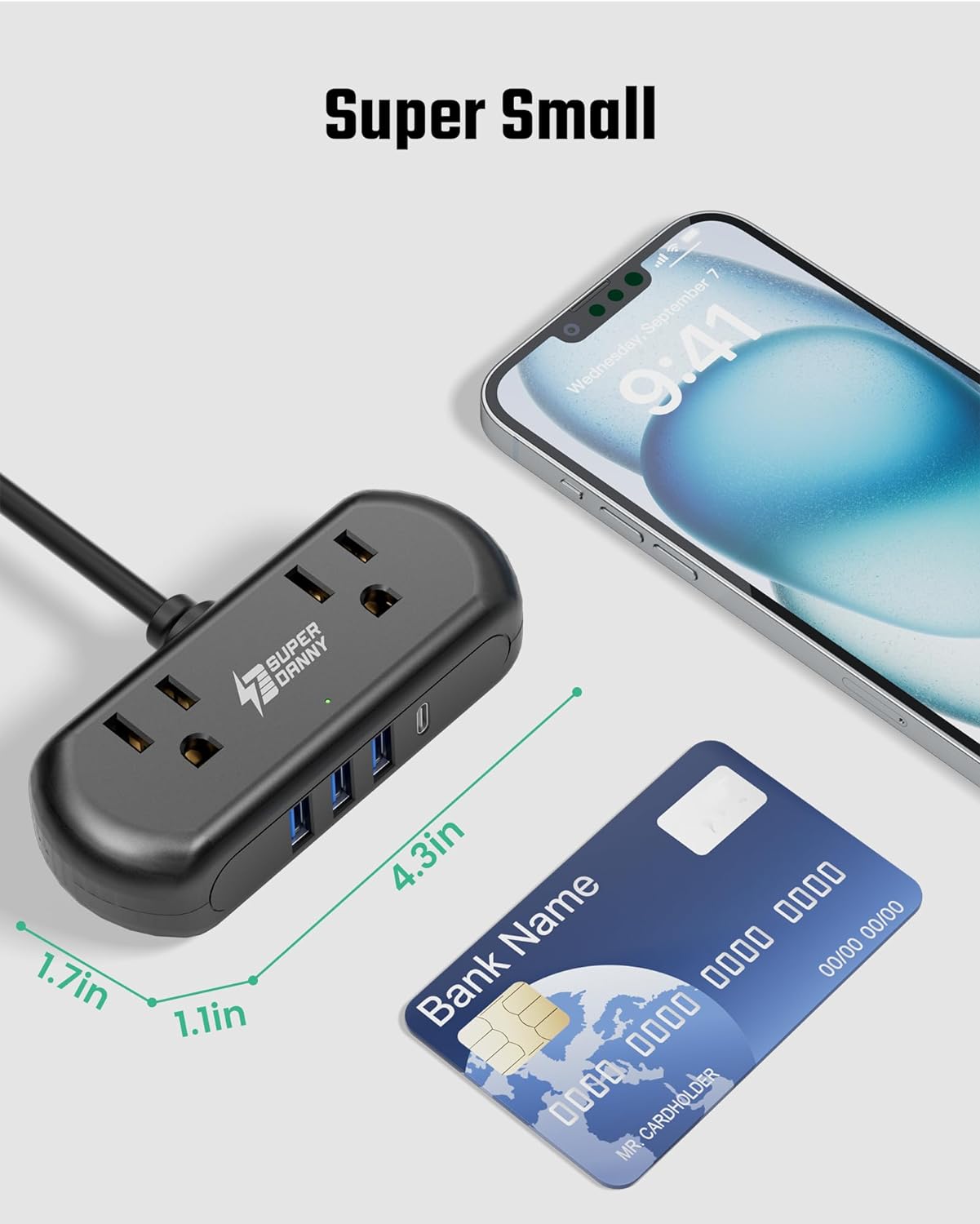 Power Strip with USB, SUPERDANNY Mini Surge Protector with 2 Wide-Spaced Outlets, 3 USB-A 1 USB-C, 5 Ft Extension Cord, Flat Plug, Compact Size Desktop Charging Station Travel, Home, Office, Black