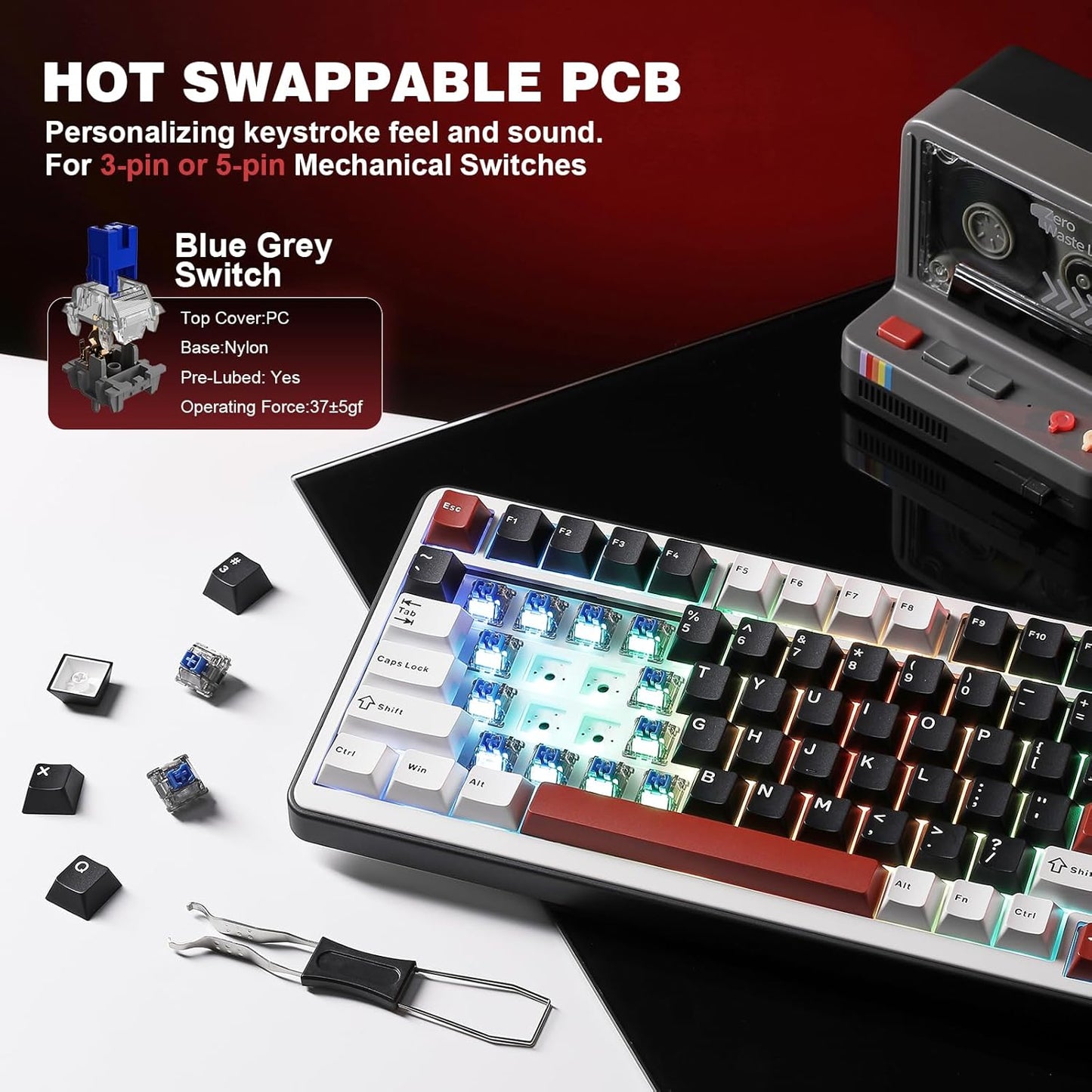 YUNZII B75 PRO Wireless Mechanical Keyboard,75% Layout with Knob,Hot Swap Gasket Custom Structure,Creamy Pre-lubed Switches,RGB Backlit,Bluetooth/Type-C/2.4G for Win/Mac(Blue Grey Switch,Black)