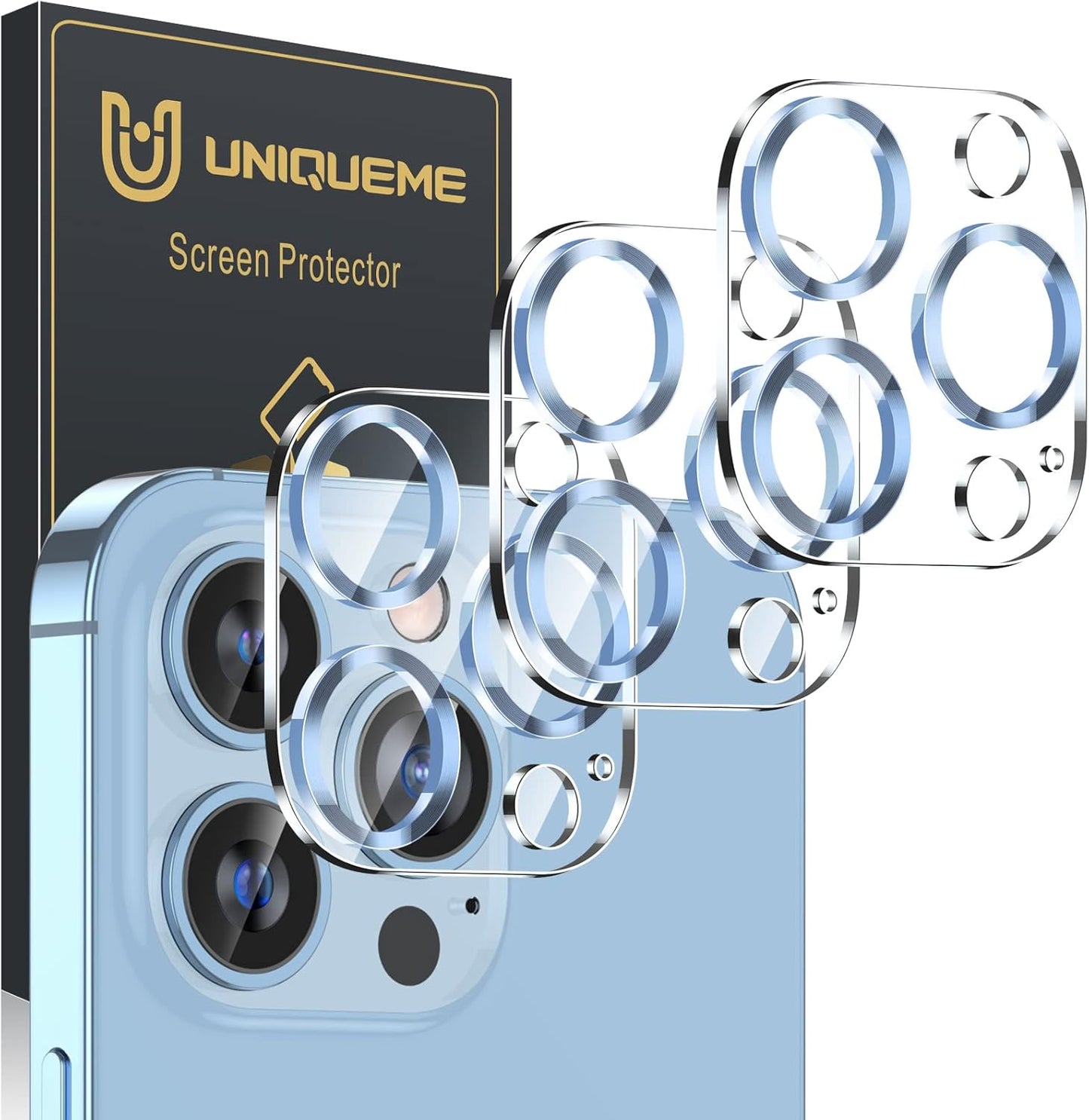 UniqueMe [3 Pack] Camera Lens Protector Compatible with iPhone 13 Pro 6.1" / 13 Pro Max 6.7" Tempered Glass,[Case Friendly][New version][Scratch-Resistant][Easy Installation] -Sierra Blue