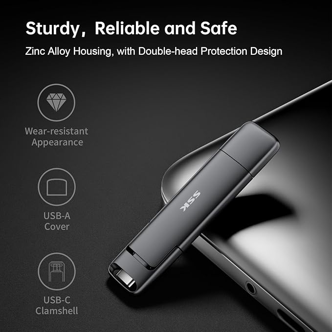 SSK 512GB Dual USB C Flash Drive, 2-in-1 Type C+USB A 3.2 Gen2 External Solid State Thumb Drive,Speed Up to 550MB/s Memory Stick Data Storage for iPhone 15/16/17/Android Phone/Tablet/MacBook/Windows